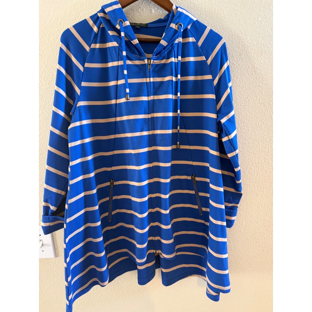 For Cynthia Blue Striped Zip Up Hoodie A-Line Swing Jacket Large Hygge Cozy
